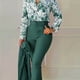 thumbnail image 1 of Conjunto De Dos Piezas Elegante, Blusa De Manga Larga Con Cuello En V Estampada Con Flores Y Pantalones Cónicos Con Cinturón Sólido, Ropa De Mujer, 1 of 4