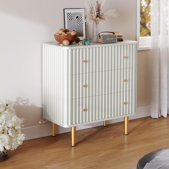 HLR Modern White Wood Dresser with 3 Drawers & Fluted Texture, Organizer for Bedroom, Chest of Drawers