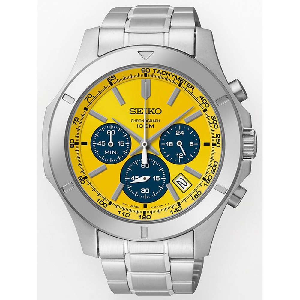 Seiko Men's SSB115 Chronograph Yellow Dial Stainless Steel Bracelet Quartz  Watch 