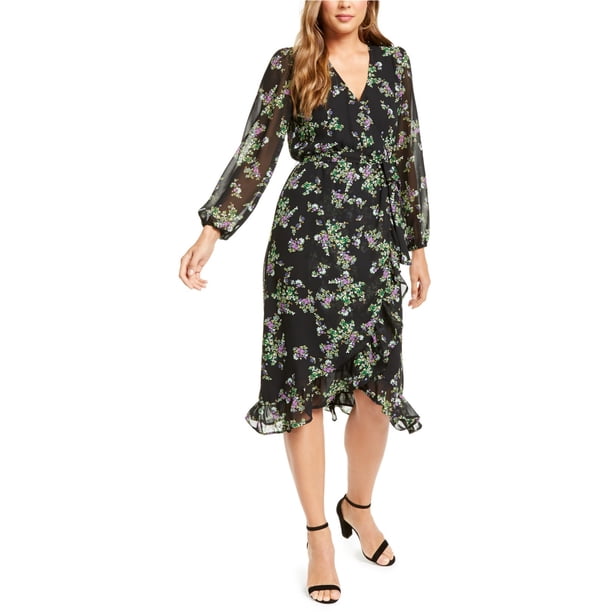Q & A Womens Belted Floral Print Midi Dress blkberry S