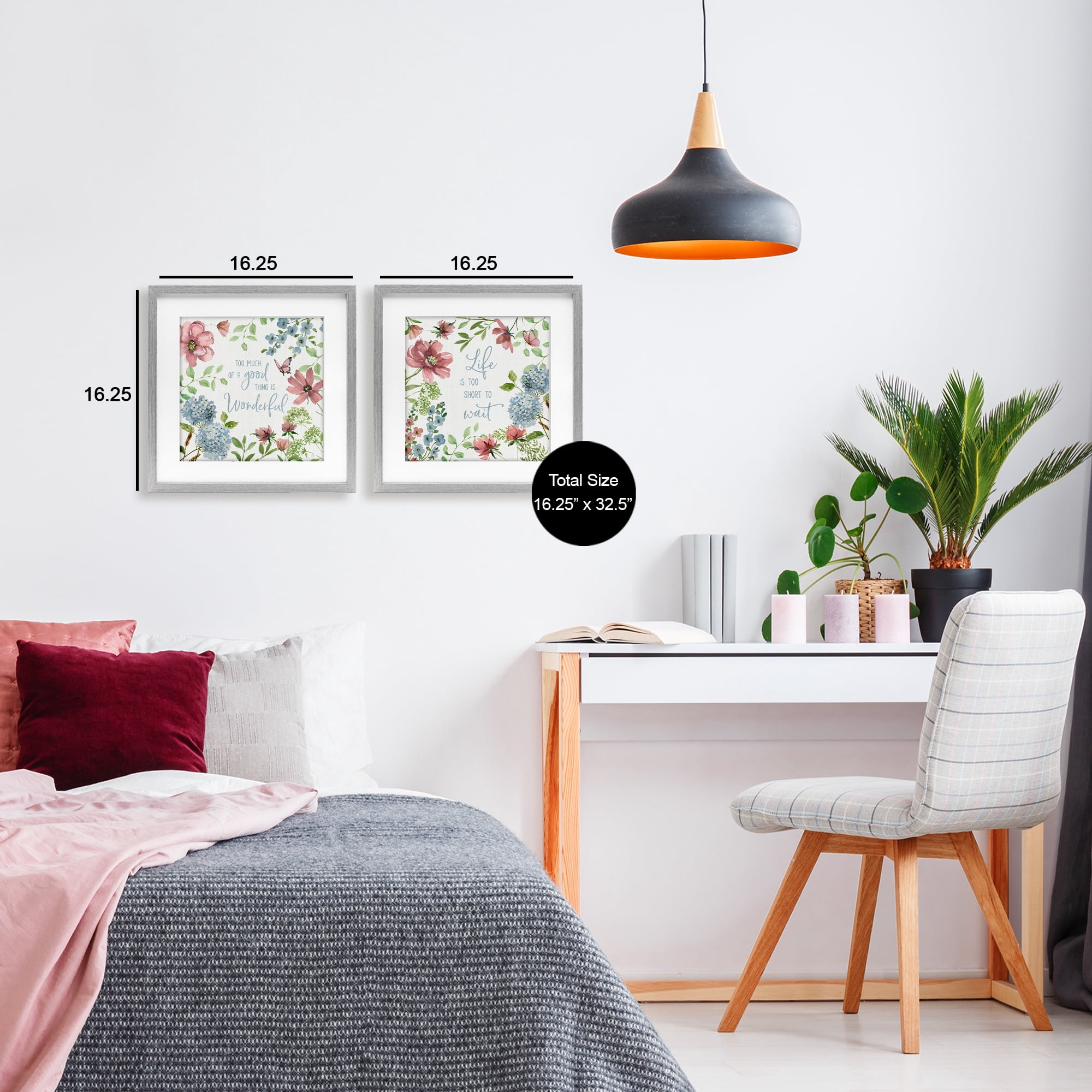 Stupell Industries Uplifting Floral Quotes 2 Piece Gray Framed Print Under Glass Set, design by Nan