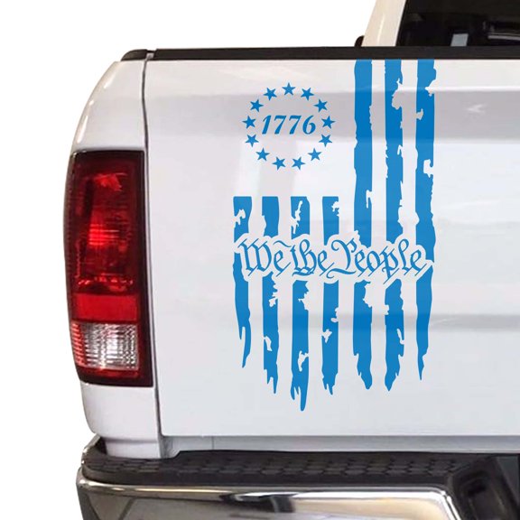 We The People Betsy Ross Flag 1776 Distressed American USA US Flag Truck Tailgate Vinyl Decal fits most Pickup Trucks Preamble of The US Constitution (11" x 20", Sky Blue)