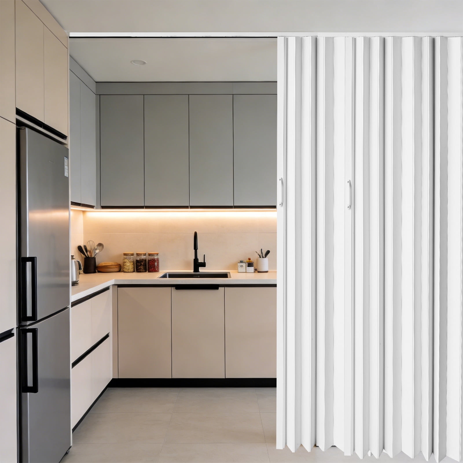 60"x80" White PVC Accordion Style Door - Space Efficient Sliding System for Bedrooms & Walk-In Closets