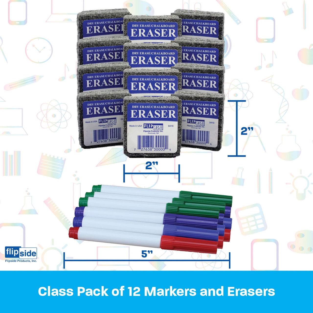 Class Pack of 12 Student Erasers and Colored Pens