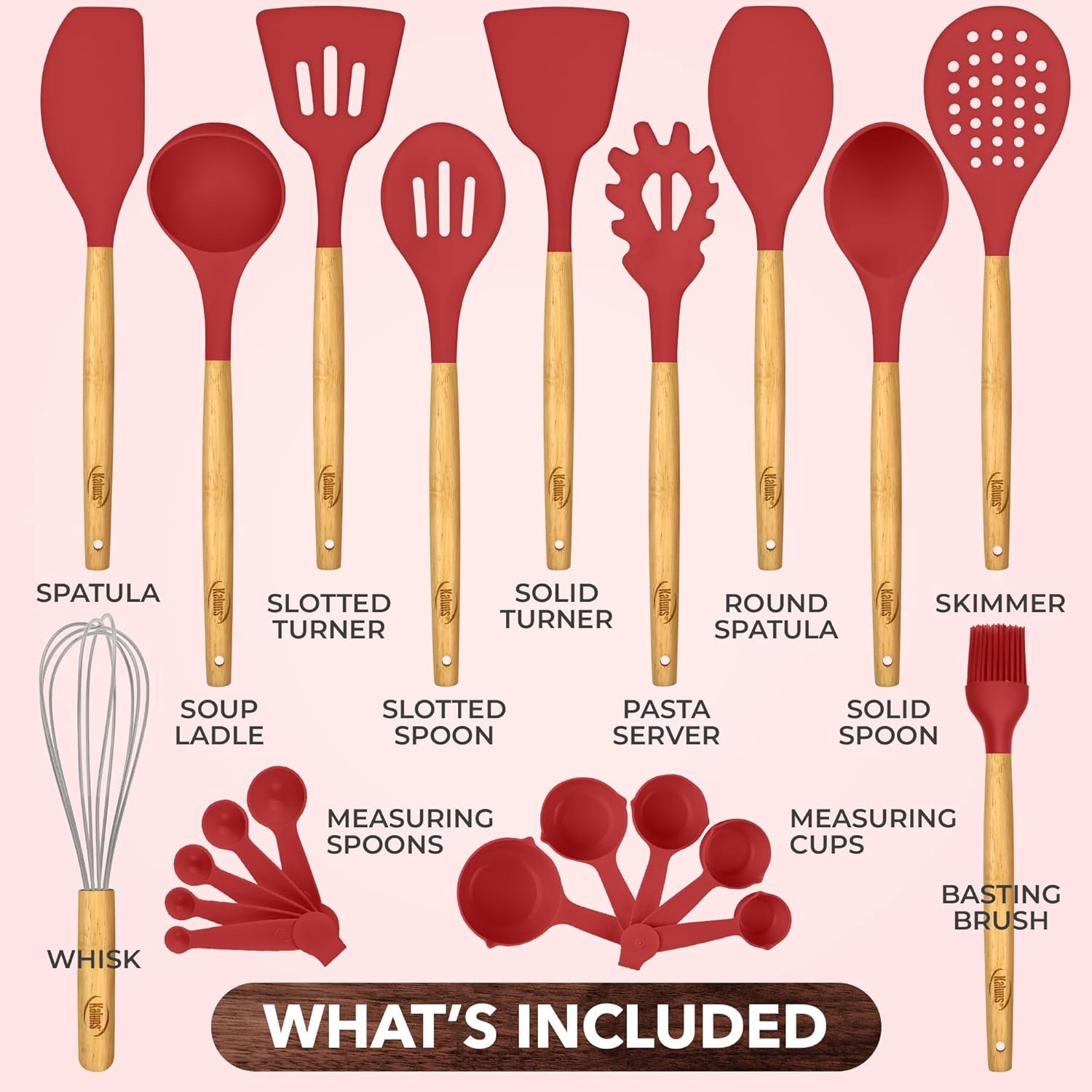 Kaluns 21 Pcs Wood and Silicone Kitchen Utensils Set for Cooking Household Essentials – Premium Cooking Utensil Set, Red