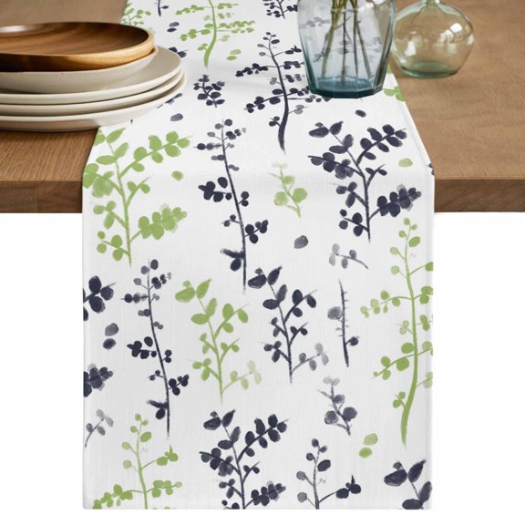 Grey Green Botanical Cotton Linen Table Runner for Dining Kitchen, Watercolor Spring Floral Summer Leaf Wedding Outdoor Party Tablerunners, Dresser Scarf Coffee Tablecloth Runners 13x90 Inches