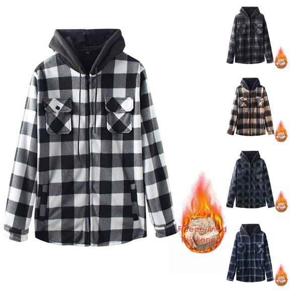 Agkizg Men's Fall Winter Shirt Jackets, Oversized Plaid Hooded Jacket Sherpas Lined Zip Up Long Sleeve Casual Outerwear with Side Pockets