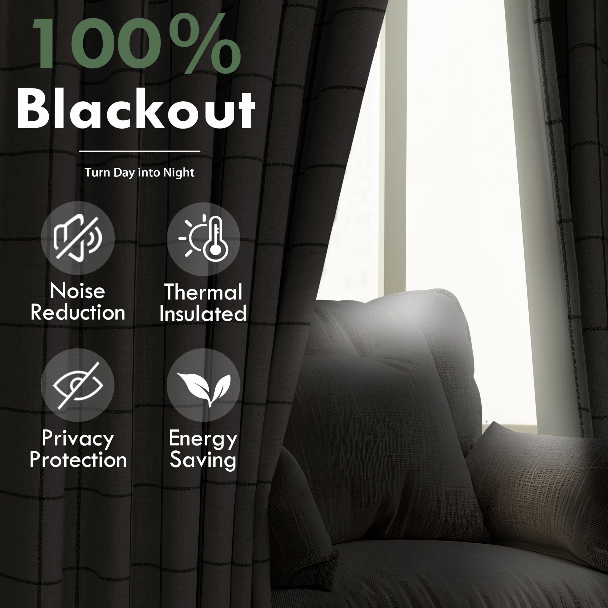 DriftAway 2 Panels 100% Blackout Windowpane Plaid Linen Curtains Double Layer Drapes for Bedroom 90 Inches Long Farmhouse Thermal Insulated 3.25 Inch Rod Pocket Back Tab for Living Room Loden Green