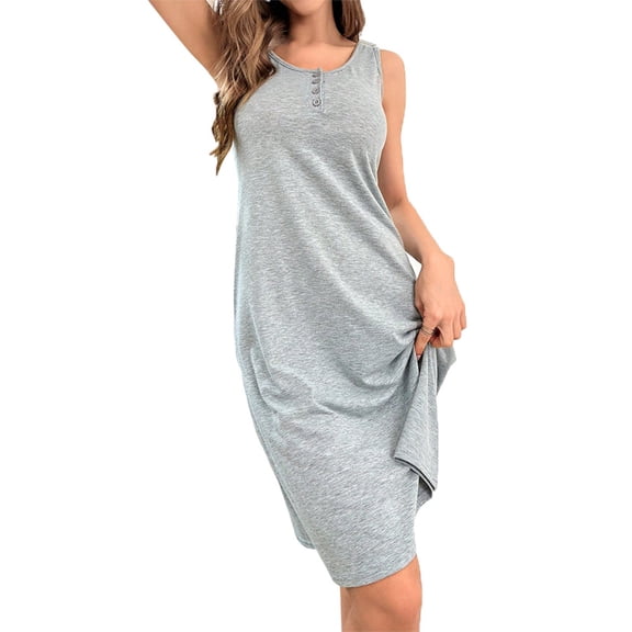 YUEVORA Women's Sleeveless V-Neck Knit Midi Dress, Casual Summer Nightgown with Button Soft Lounge wear for Home & Daily