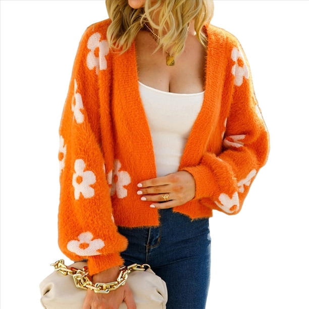 Cárdigan de Punto Corto con Margaritas para Mujer, Suéter Holgado de Larga con Abertura Frontal, Ropa de Abrigo Naranja S