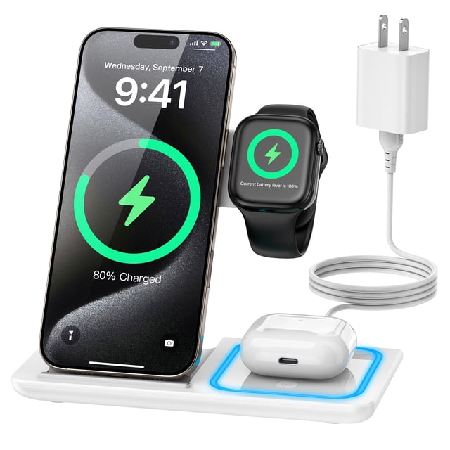 Cshidworld Estación de Carga Inalámbrica, Cargador de Viaje Plegable 3 en 1 para Dispositivos Apple, Compatible con iPhone 16/15/14/Pro/Max, Apple Watch Series 3 a 10/SE/Ultra, AirPods Pro 2/3/4 (con