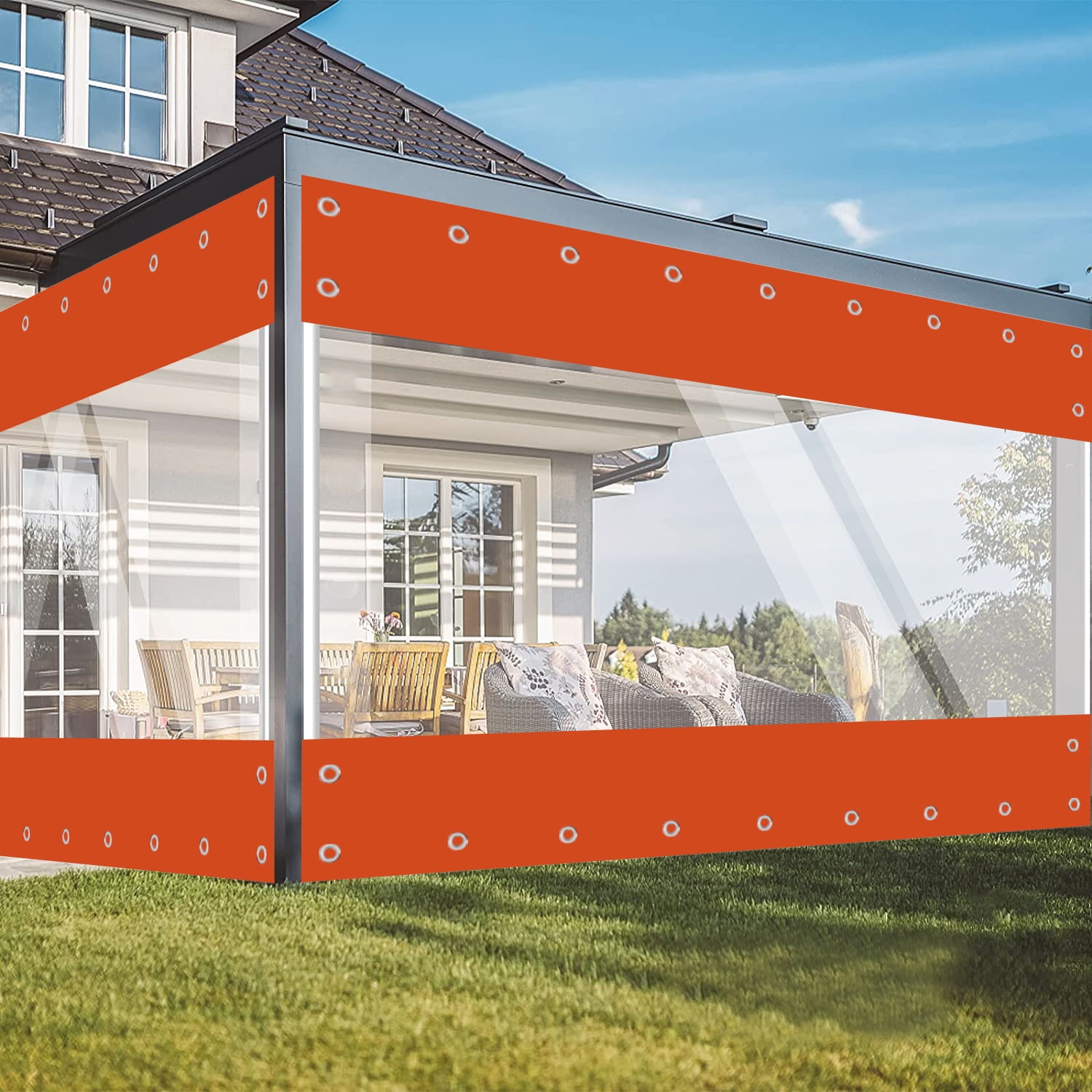 TOPCHANCES Outdoor Clear Vinyl Curtains with Grommets and Rope, Waterproof Cold Resistant Vinyl Patio Enclosure, PVC Heavy Duty Clear Tarps for Patio, Pergola, Porch,Gazebos,Balcony, 8'Hx8'W