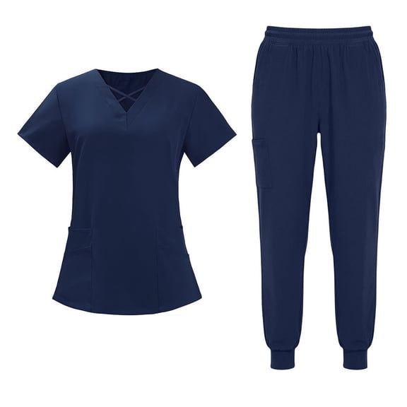 Muscularfit Scrubs Sets Summer Sets for Women Comfy Pleated Pullover Work Set Blue Short Sleeve Shirt V-Neck Sets for Women