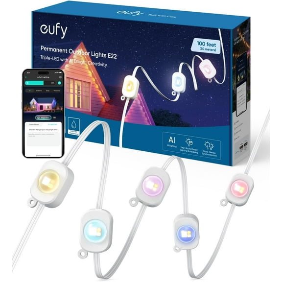 eufy Permanent Outdoor Lights E22, 50ft with 30 Triple-LED Lights, Smart RGBWW for Christmas, Daily and Holiday, IP67 Waterproof, AI Lighting Themes for Christmas Decorations, Links with Cameras