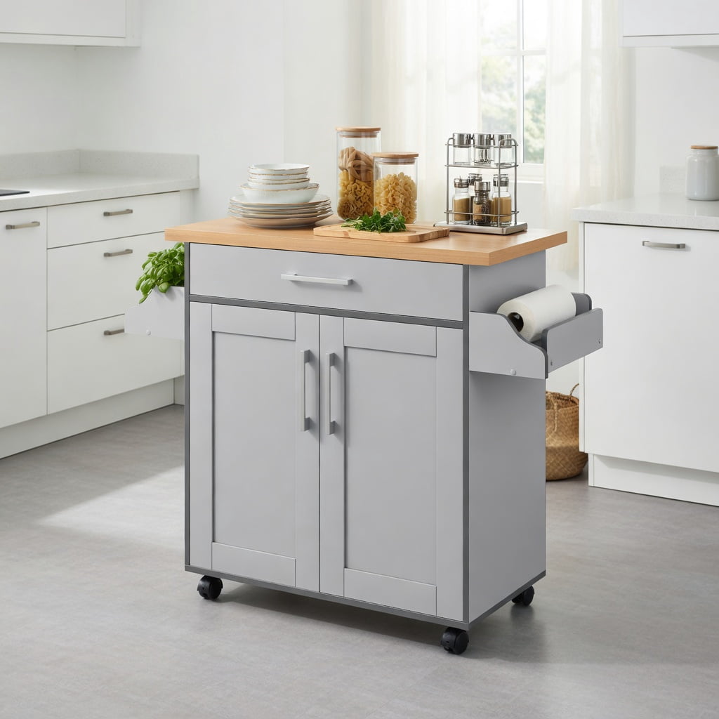 Demi Bonn Rolling Storage Cabinet Cart, Kitchen Island Cart, Rolling Kitchen Island Cart with Towel and Spice Rack, for Kitchen, Dining Room, Gray