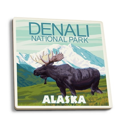 

Denali National Park Alaska Moose Scene (Absorbent Ceramic Coasters Set of 4 Matching Images Cork Back Kitchen Table Decor)