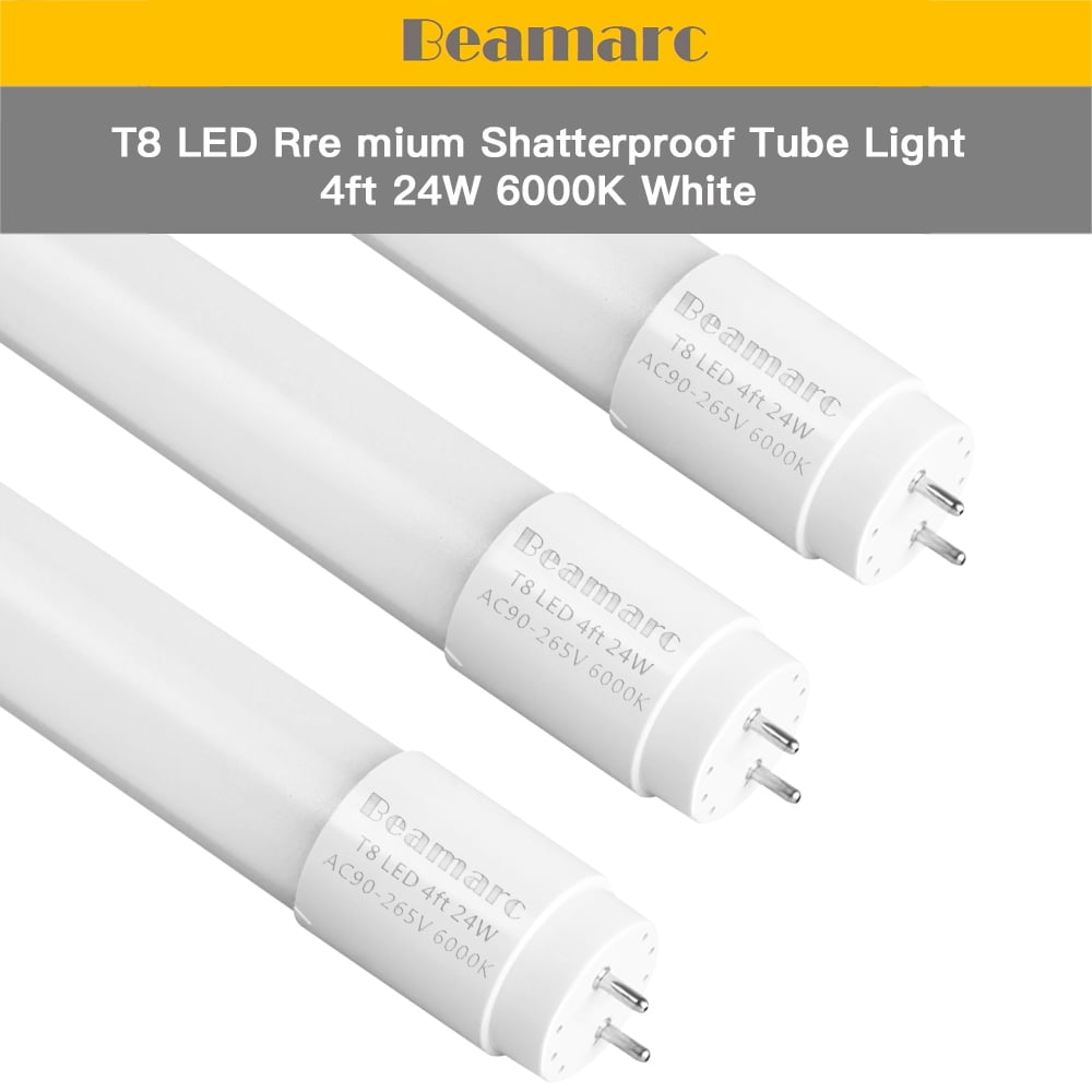 LED T8 Light Tube 4FT, Super Bright White 6000K, DualEnd Powered Ballast Bypass, 2400 Lumen 24W