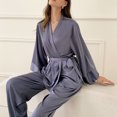 thumbnail image 7 of Womens Satin Pajamas Set Long Sleeve Belted Cardigan Sleepwear Silk Nightwear V-Neck PJs Set 2 Piece Lounge Sets, 7 of 7