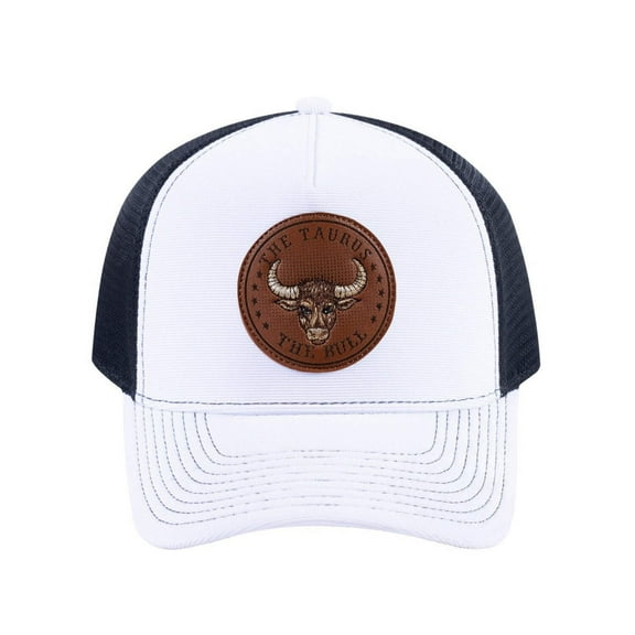 Unisex V2 Embroidered And Laser-Engraved Taurus Zodiac (April 20, May 20), 5-Panel Trucker Hat, White/Black, Adjustable Fit