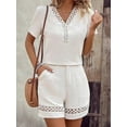 thumbnail image 4 of Short Sleeve Womens 2-Piece Set Summer Loose Lace V Neck T Shirts Dressy Casual Ruffle Sleeve Tunic Blouses Shorts White L, 4 of 7