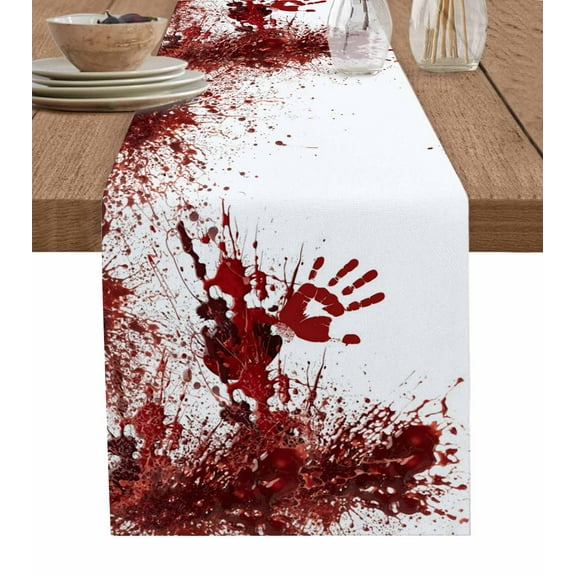 Halloween Red Blood Table Runner 90 Inches, Horror Bloody Handprint Bed Runner Dresser Scarves Tabletop for Indoor Outdoor Parties/Ceremony/Banquet, 13" x 90"