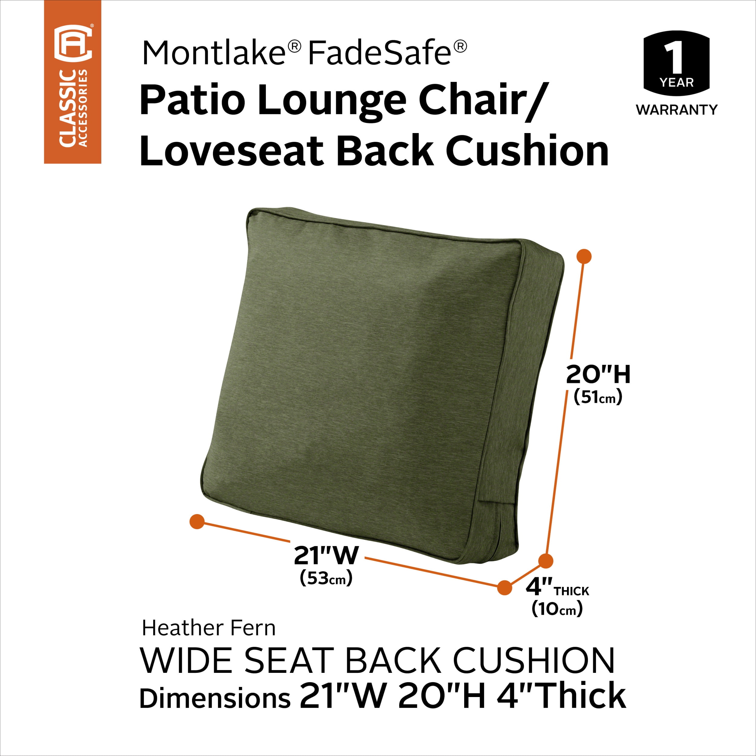 Classic Accessories Montlake FadeSafe Patio Lounge Chair/Loveseat Back Cushion, 21 x 20 x 4 Inch, Heather Fern