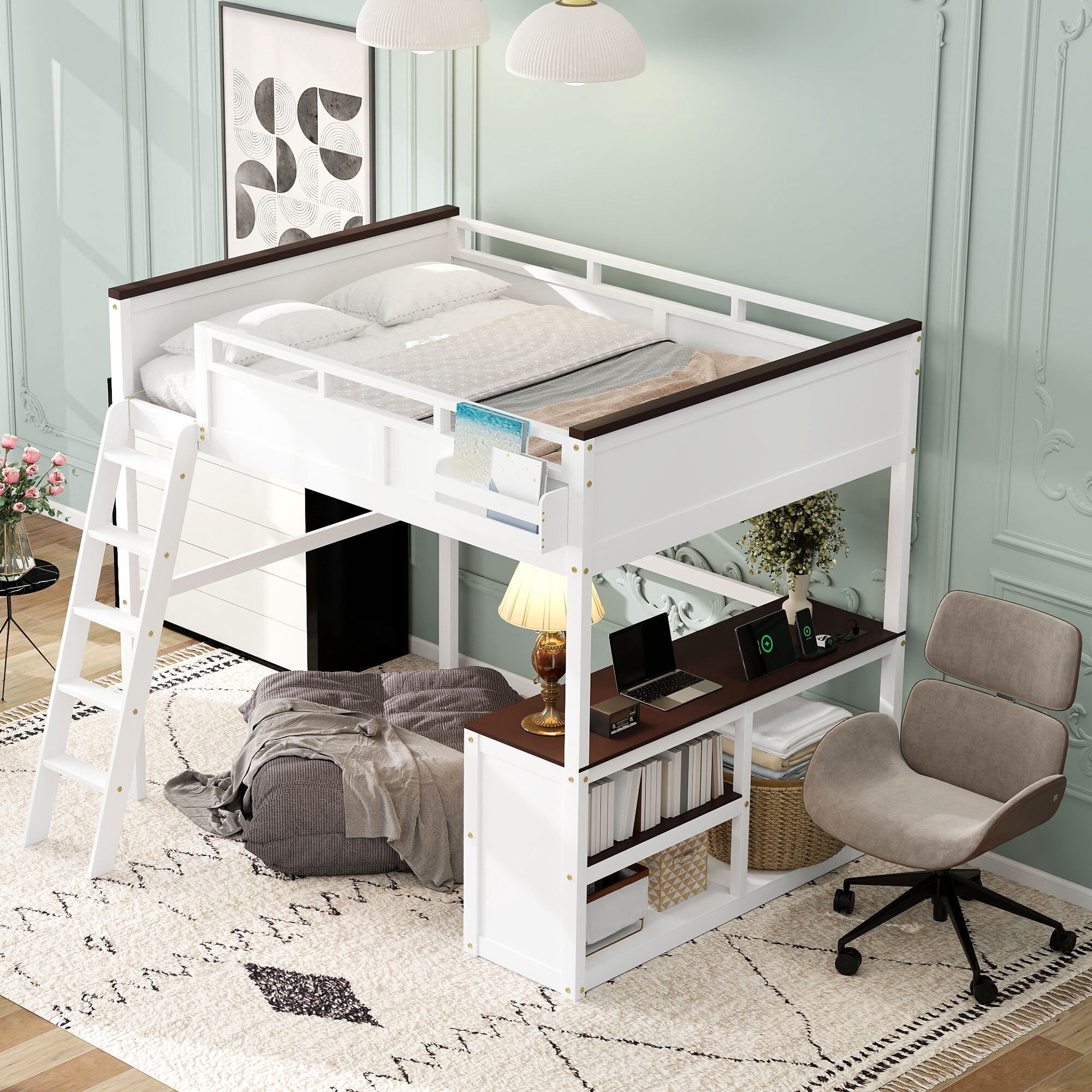 Euroco Solid Wood Queen Size Loft Bed with Built-in Desk & Shelves, USB Charging Station – Space-Saving Study Bed for Adults & Teens