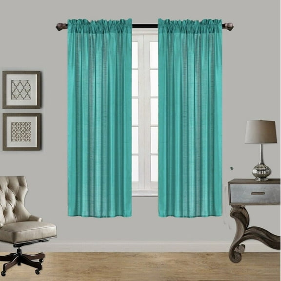 2PC MR2 TEAL BLUE SOLID SILK SEMI SHEER ROD POCKET WINDOW CURTAIN PANEL LIGHT FILTERING 55" W X 63" L EACH PC