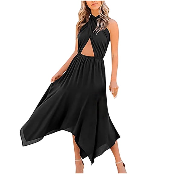 Summer Flowy Dress for Wedding Guest, Sexy Criss Cross Halter Maxi Dresses Cutout Bohemian Irregular Hem Cocktail Party Dress