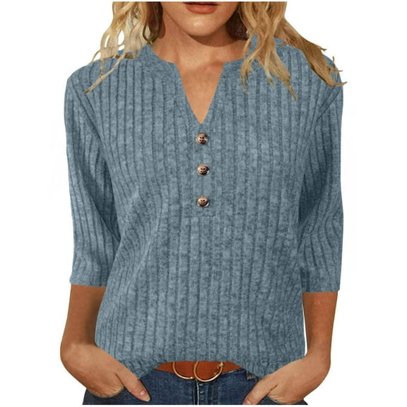 Lenpel Women's Tops 3/4 Length Sleeve V Neck Quarter Button Ribbed Knit T Shirts Soft Casual Tees Loose Tunic Blouses(Light Blue,X-Large)