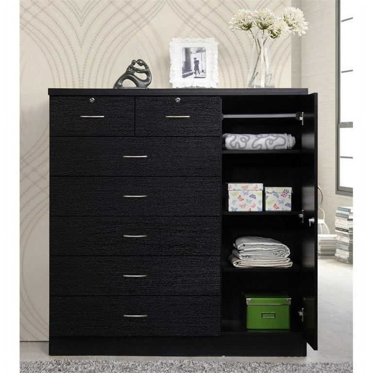 Pemberly Row Tall 7 Drawer Dresser, Wooden Chest in Black, Solid