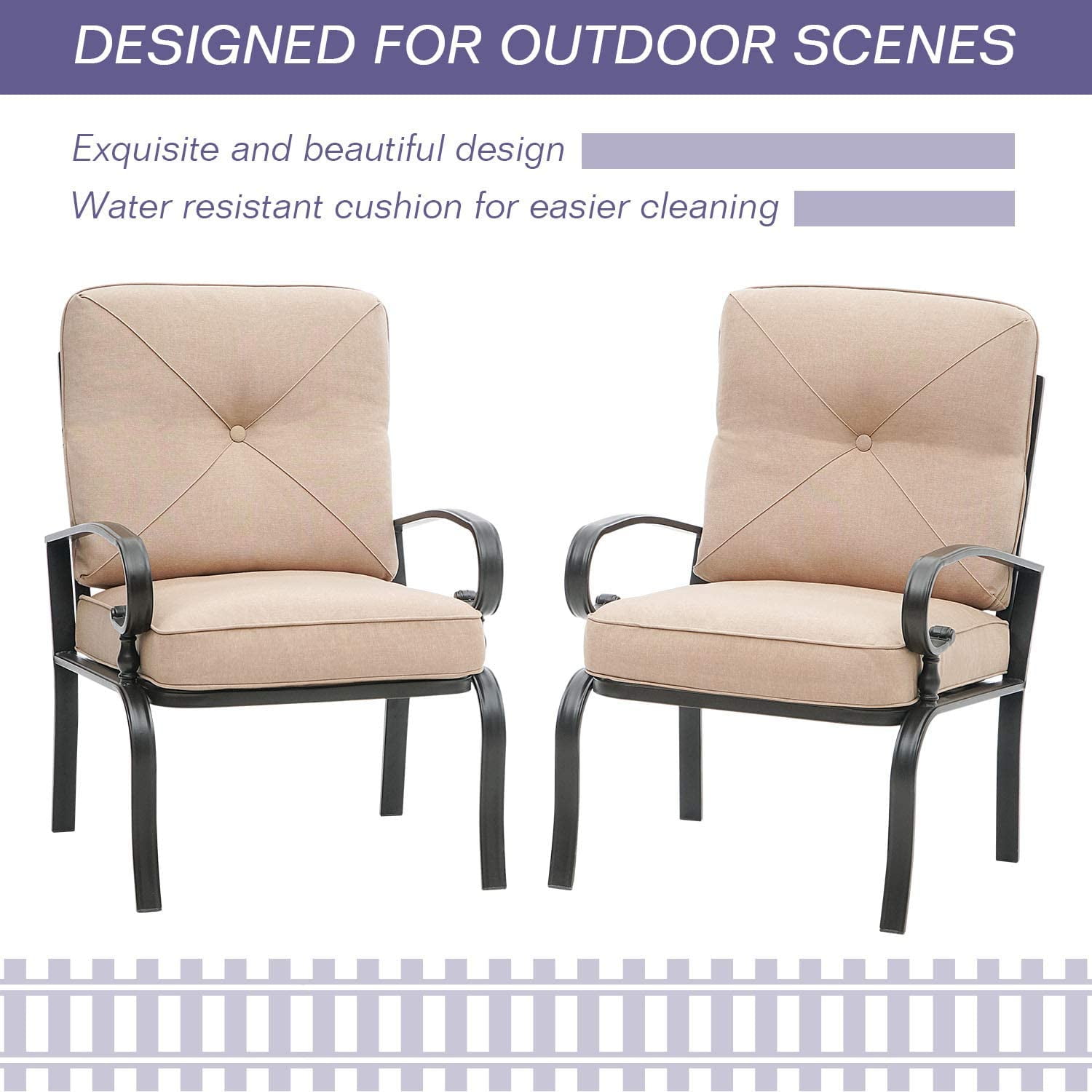 SUNCROWN Patio Furniture Outdoor Dining Chair Black Wrought Iron Bistro Sets with Brown Cushions (Set of 2)