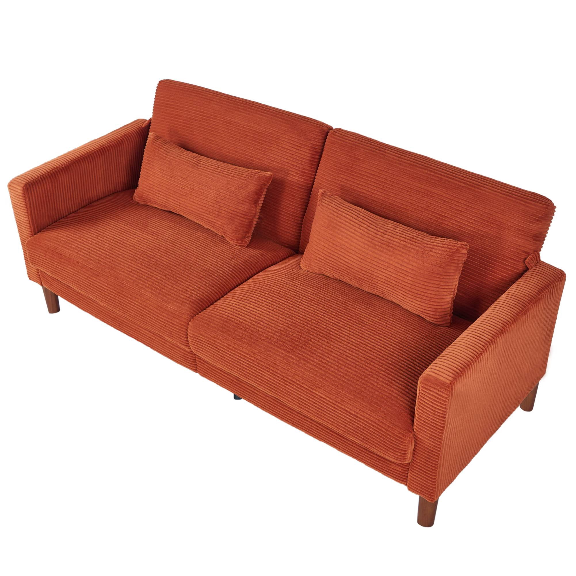 Comfy Futon Sofa Corduroy Loveseat Couch with Pillow Cushion, Modern Sleeper Sofa Couch with Solid Leg for Living Room,Bedroom, Orange