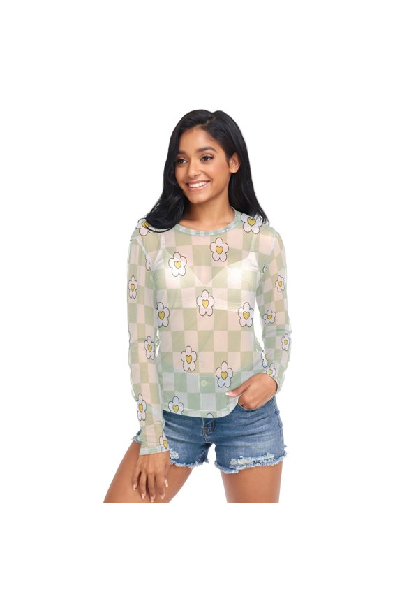 Ice Silk Mesh Long Sleeve Top Cooling Comfort Women's Crewneck Mesh Tops Casual Shirt Asakusa Green Checkered Pattern Medium