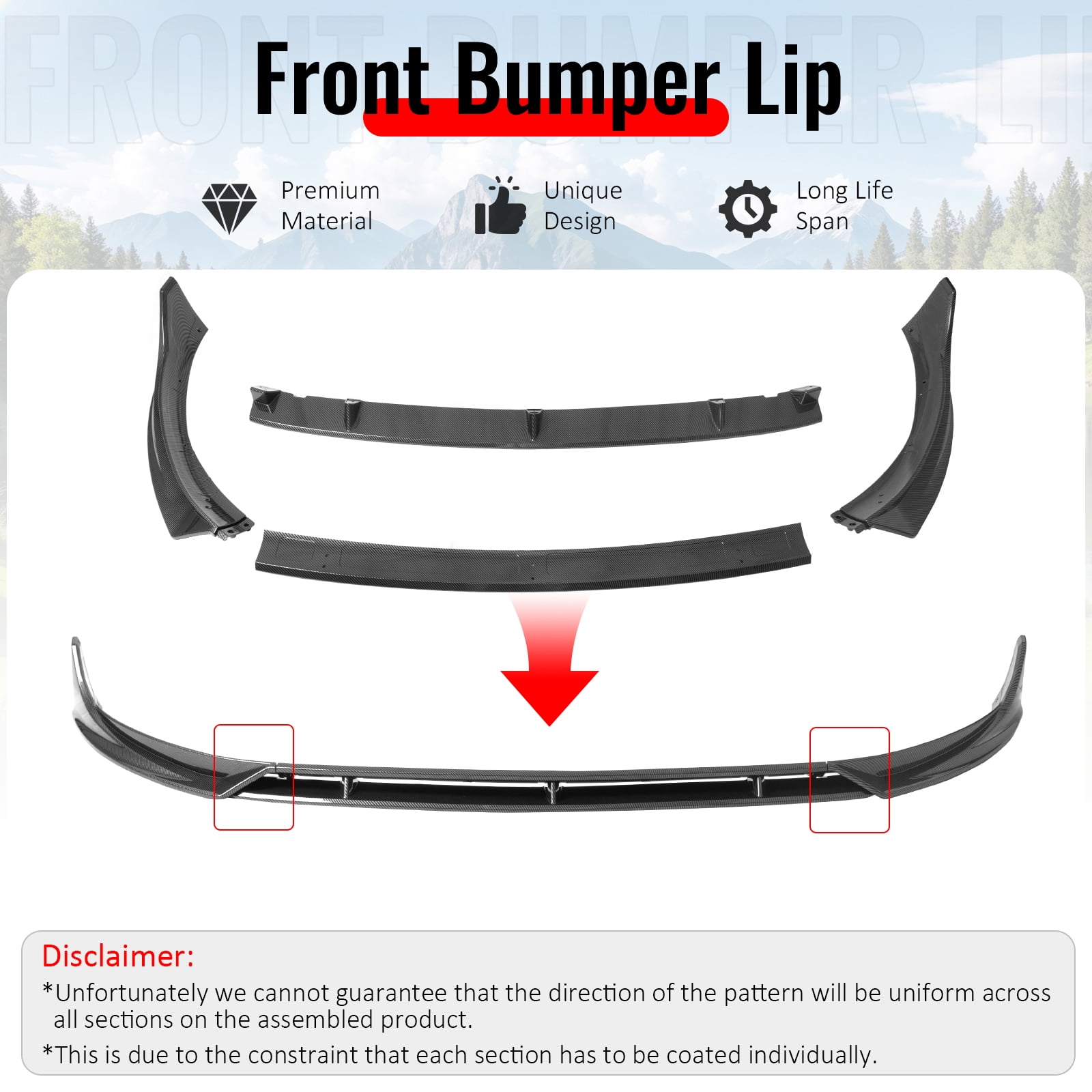 Ikon Motorsports Front Bumper Lip, Compatible with 2025-2026 Tesla Model Y Juniper, IKON Style Carbon Fiber Print ABS Plastic Air Dam Chin Spoiler Protector Splitter 4PC