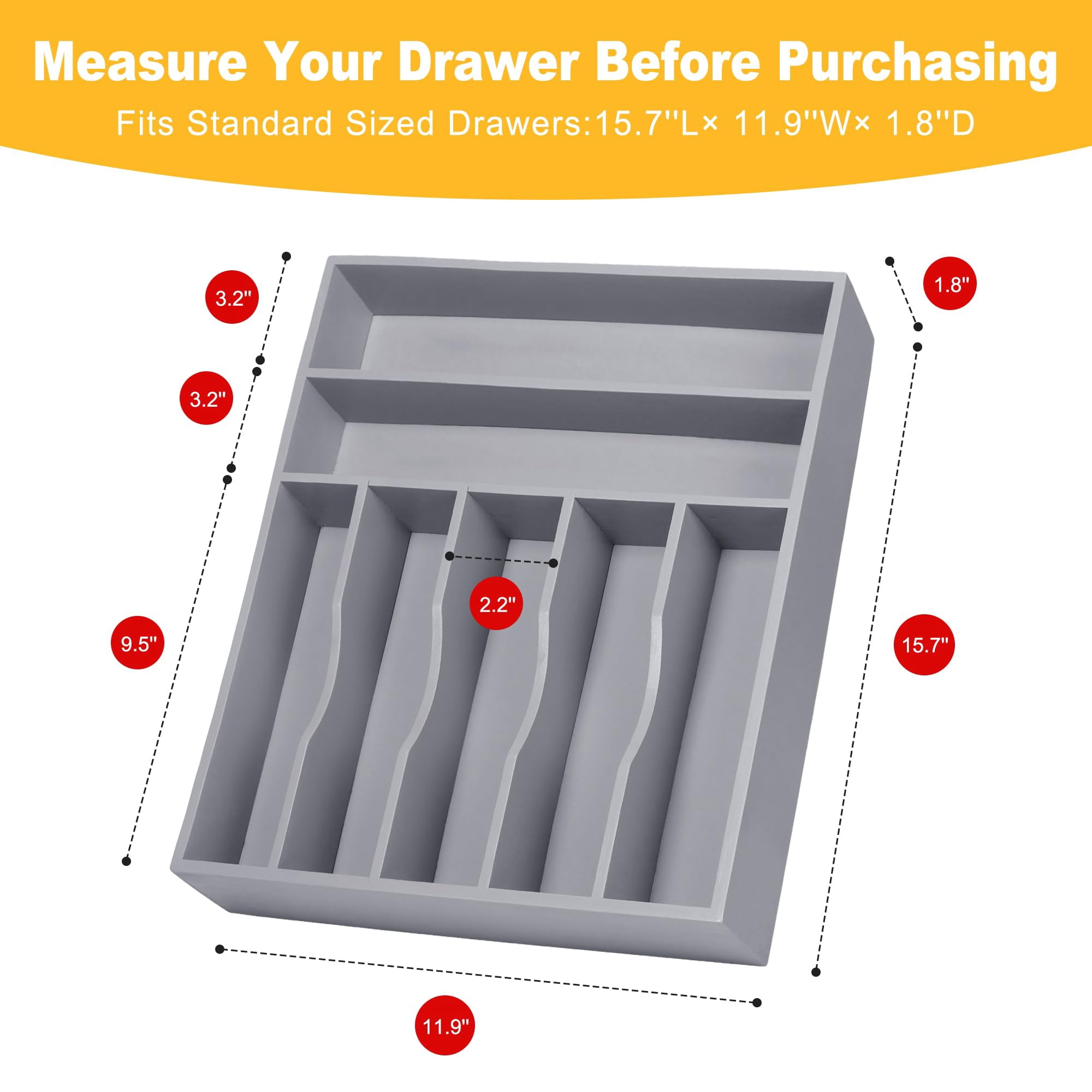 Kitchen Silverware Organizer  Drawer - Utensil Holder And Cutlery Tray With Grooved Dividers For Flatware 7 Slot Grey