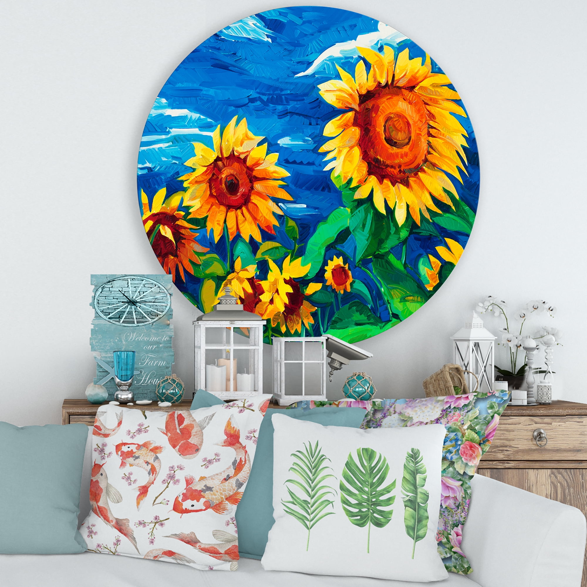 Designart 'Sunflowers Field Under A Bright Blue Sky' Traditional Circle Metal Wall Art 29x29 - Disc of 29