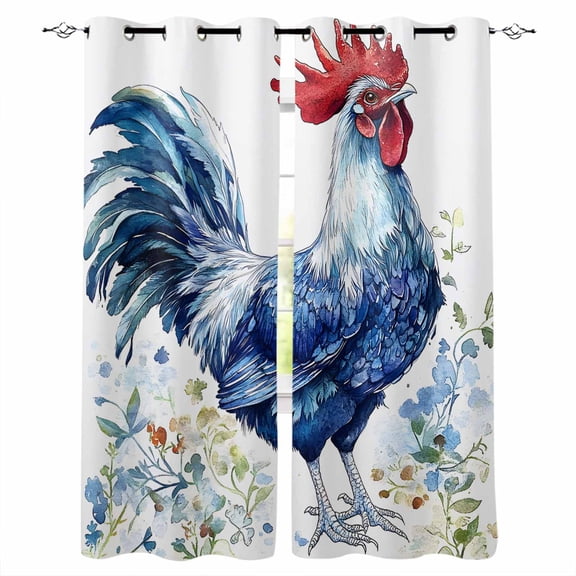 Blue Vintage Rooster Blackout Curtains for Bedroom/Living Room, Thermal Insulated Kitchen Curtains, Spring Floral Elegant Animals Grommet Darkening Window Treatment Drapes 42"x84"x2
