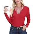 thumbnail image 2 of Womens Fall Clothes Long Sleeve Shirts Halter U Neck Ribbed Knit Slim Fitted Basic Casual Tops Red S, 2 of 9