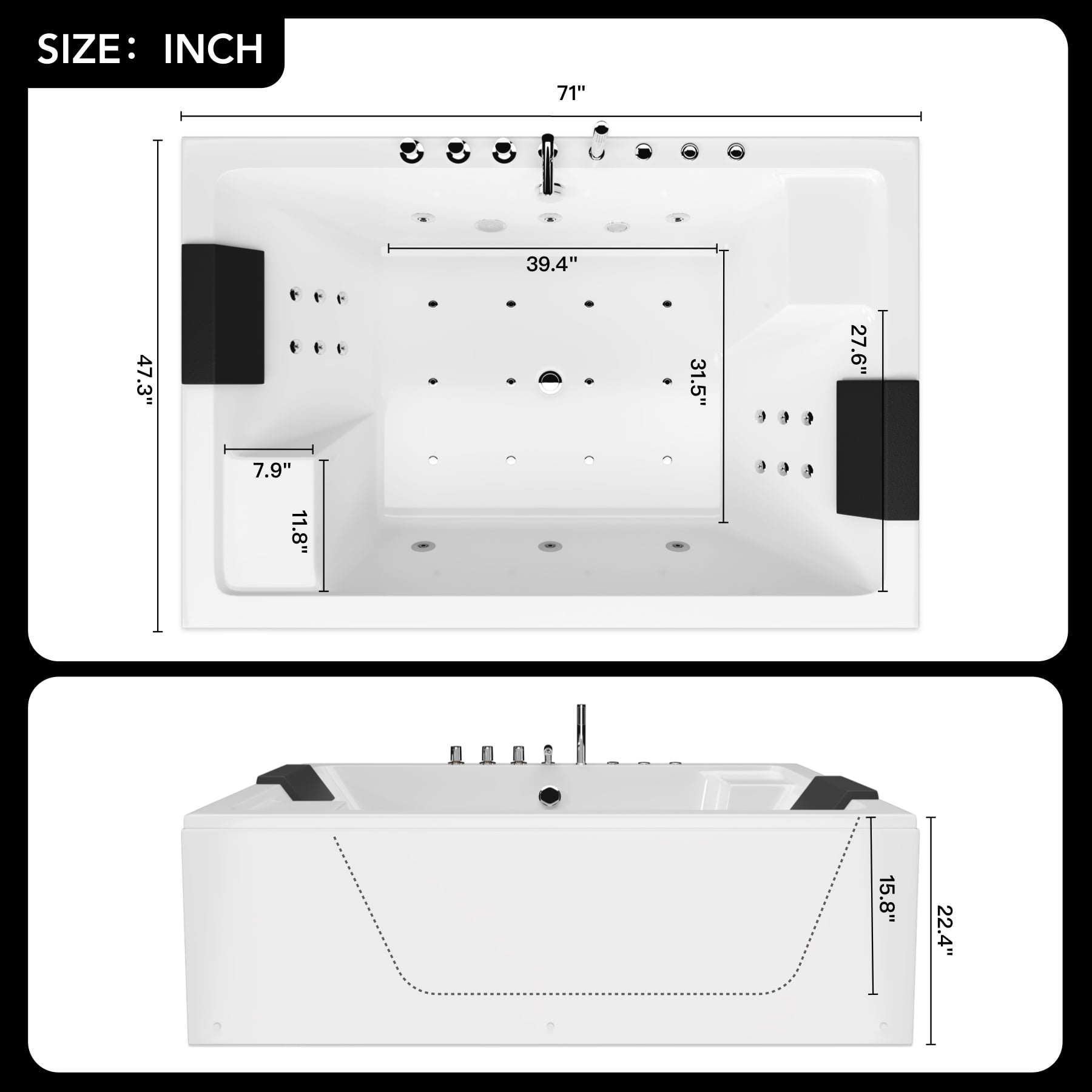 71" x 47" Two-Person Jetted Tub with 12 Bubble Jets, 6 Large Water Jets & 12 Small Back Sprays, Thermostatic Control, Lighting, Acrylic Soaking Tub – White, ETL Certified