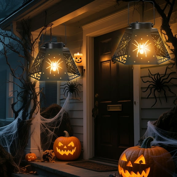 2PCS Halloween Outdoor Hanging Lanterns-Halloween Spider Web Solar Lantern,Black Metal Cutout Design with Spooky Spider Motifs, Solar - Charged LED Light for Garden, Patio & Haunted Decor,2 pack