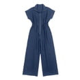 thumbnail image 5 of Women's Resort Jumpsuit, Casual Loose Wide Leg With Zip-Up Front & Stand Collar, Short Sleeve Vacation One-Piece With Belt Blue S, 5 of 5