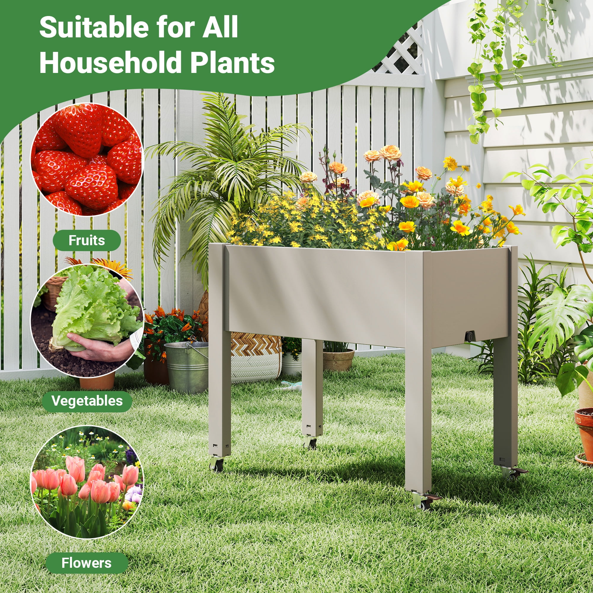 Nihsuao 30in Large Raised Garden Bed with Wheels, Outdoor Elevated Planter with Weatherproof Resin, Effective Drainage for Backyard, Patio and Balcony, Gray