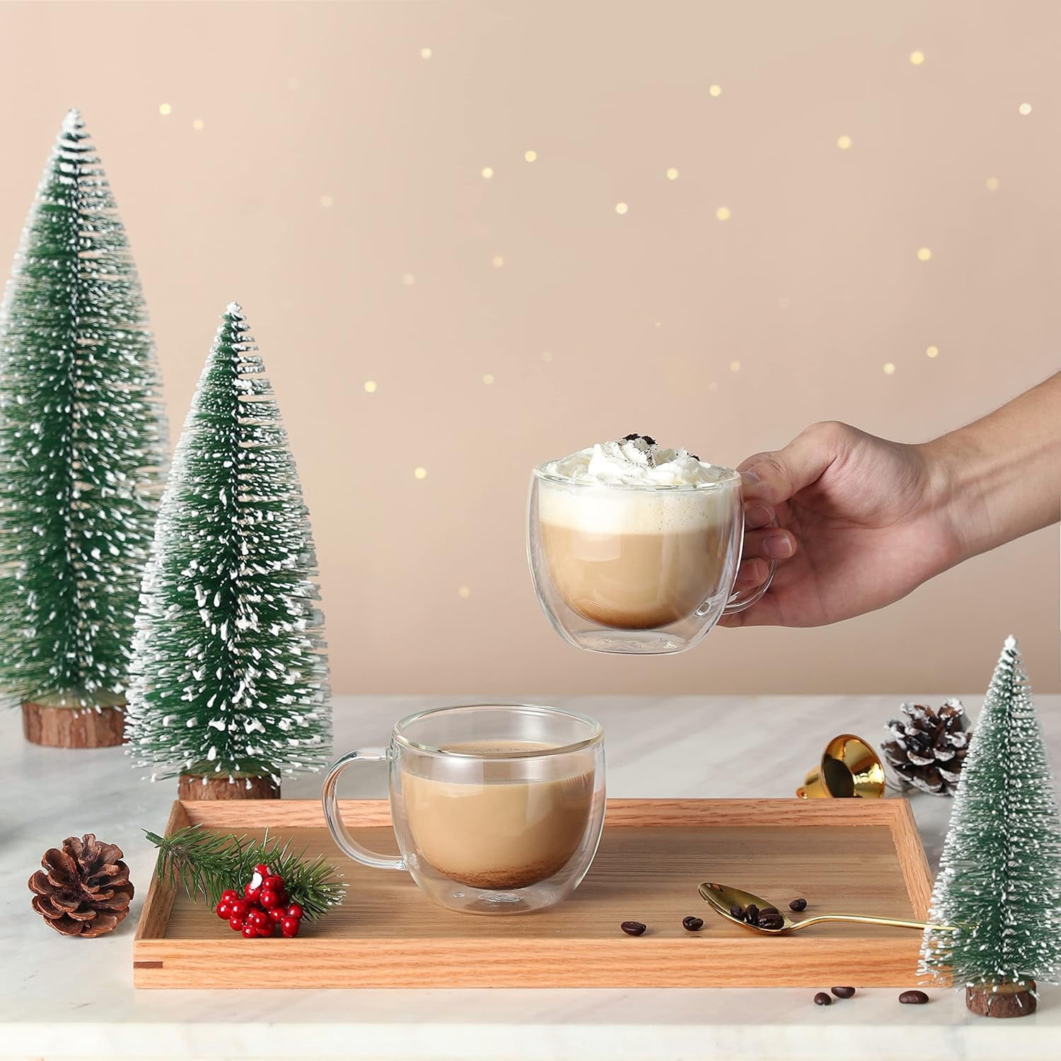 Double Wall Glass Cappuccino Mugs 8.1oz,Clear Insulated Glass Coffee Mug with Handle for Espresso,Latte,Tea,Set of 2 | Double Wall, Insulated, Glass Coffee Mug, with Handle, for Espresso, Latte