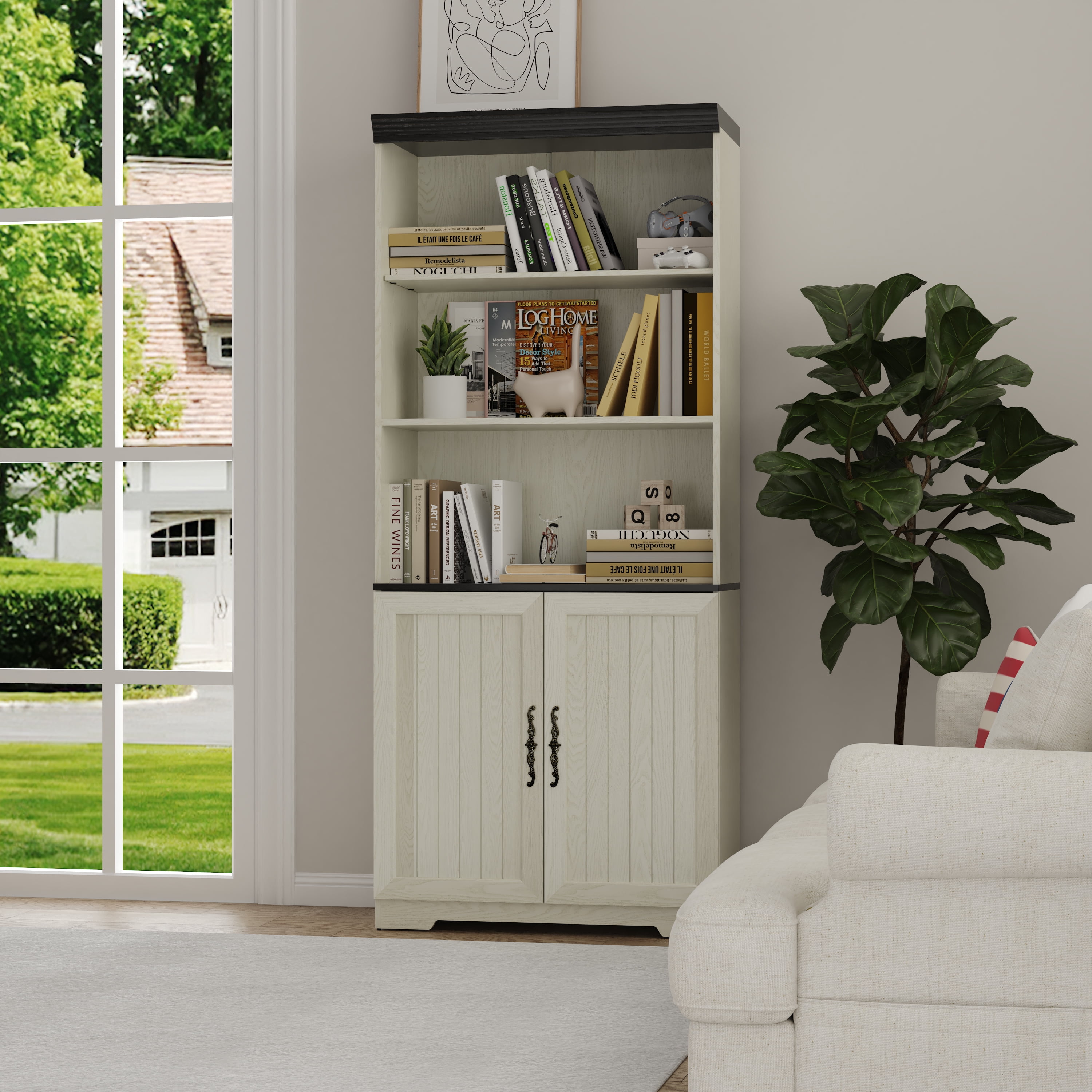 Leumius Tall Storage Cabinet,5 Tier Cube Display Cabinet with Adjustable Shelves and Barn Doors,Wood Freestanding Display Bookshelves for Bedroom,Living Room, Kitchen, Pantry, Bar Cabinet,White