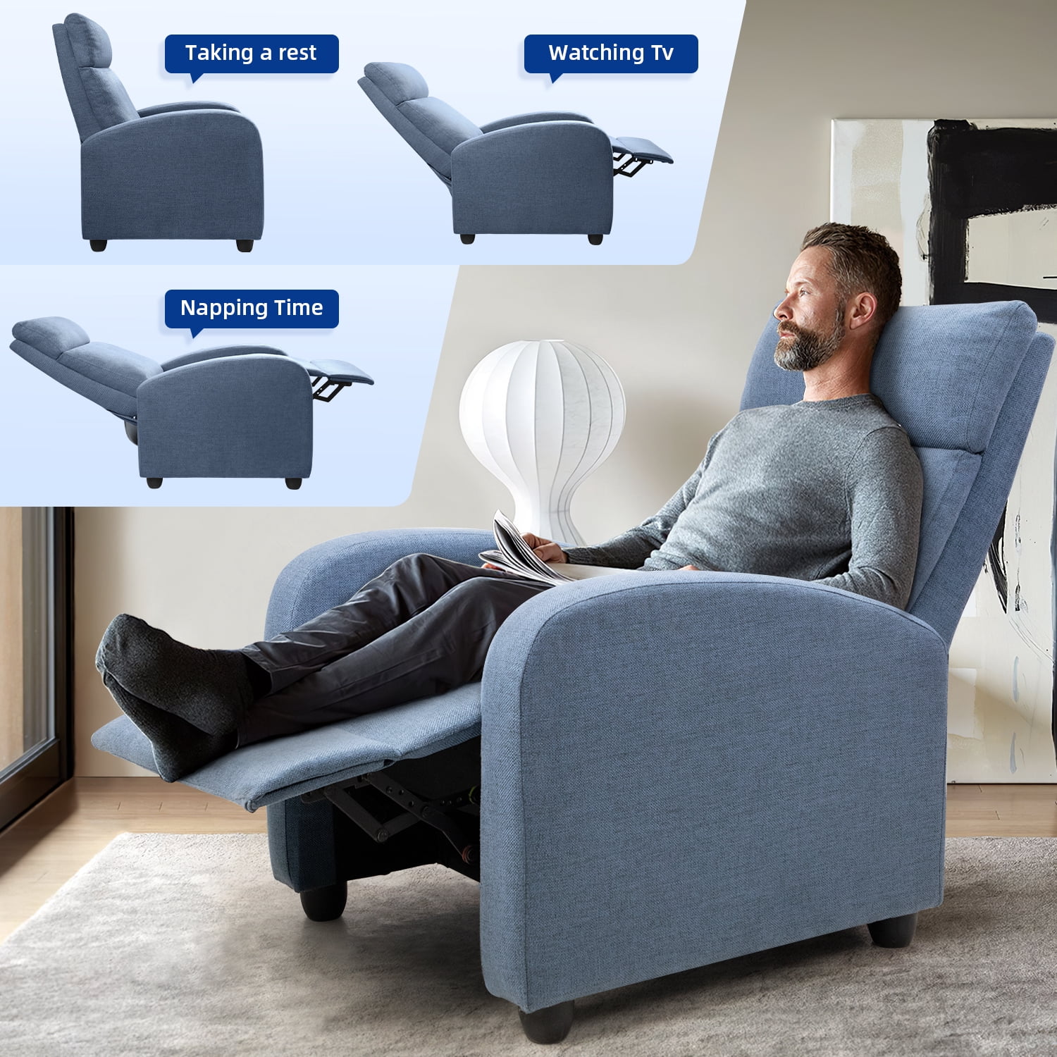 Vineego Home Theater Recliner with Padded Seat and Backrest, Blue Fabric