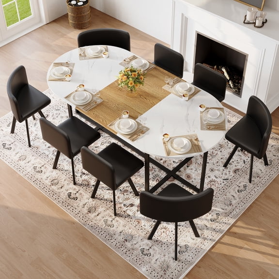 JUFU 78.7" Dining Table Set for 8, 9 Piece Kitchen Table Set with 8 PU Leather Chairs, Large Rectangular Dining Room Table Set, Modern Farmhouse Wood Dining Set for Home & Apartment