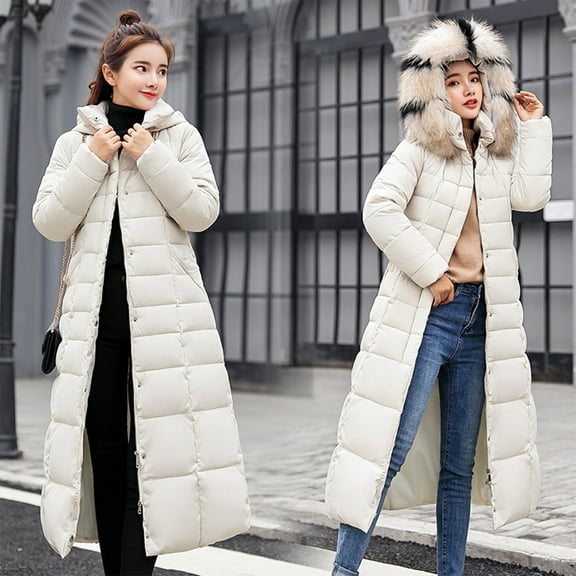 Brnmxoke Women's Long Winter Thicken Puffer Coat Warm Waterproof Maxi Down Jacket Plush Slim Fit Thicken Parka with Faux Fur Hood