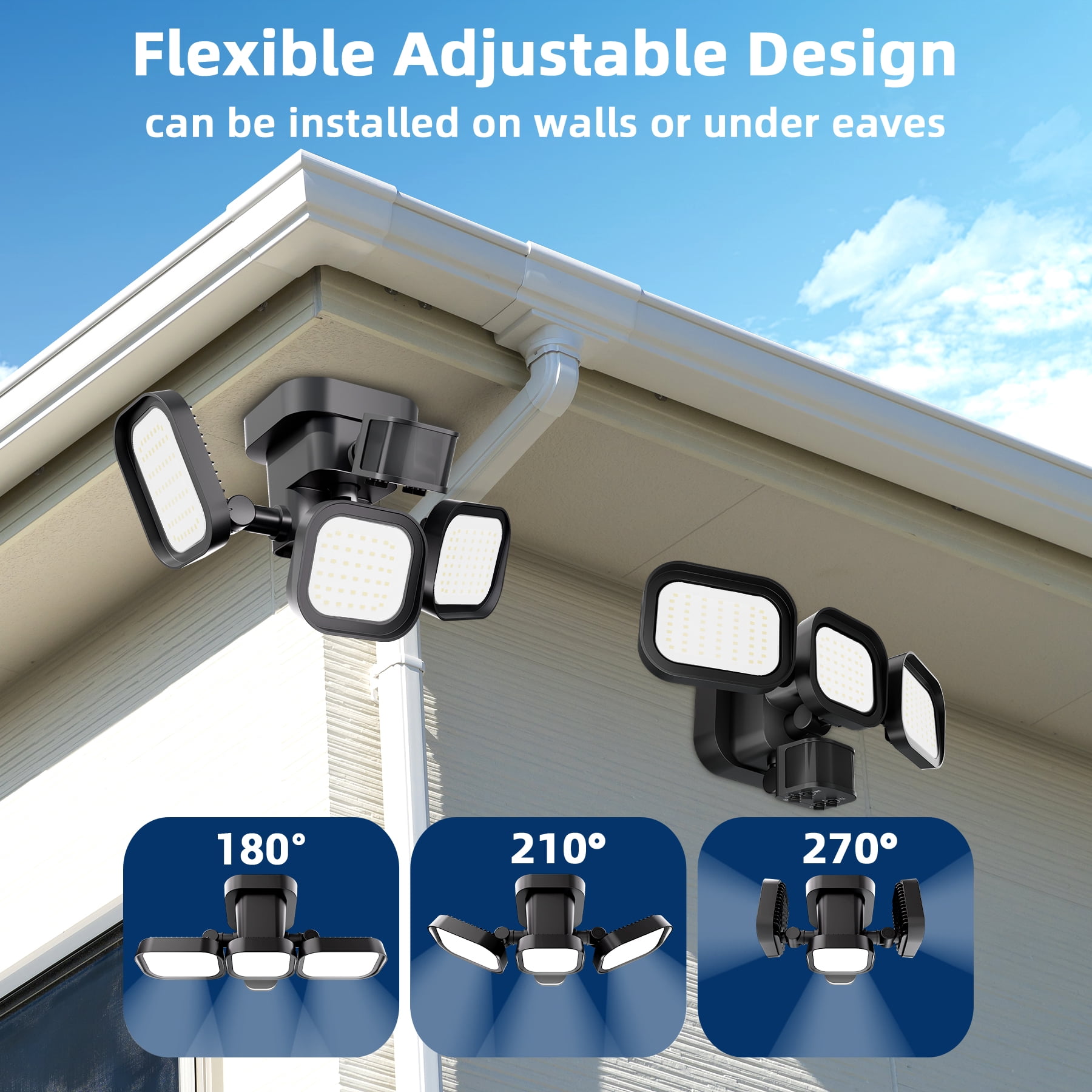 Dawnrise 270° 3 Heads Black Motion Sensing Integrated LED Flood Light, 6500 Lumens (2pack)
