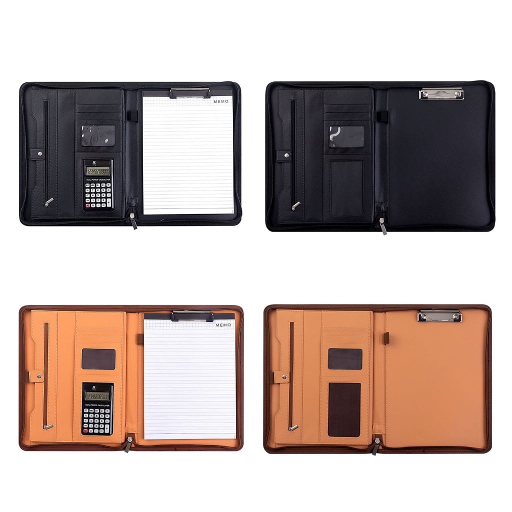 Leather Conference Folder with Clipboard Multiple Pocket Card Holder Pen Slot